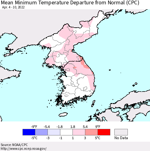 Korea Mean Minimum Temperature Departure from Normal (CPC) Thematic Map For 4/4/2022 - 4/10/2022