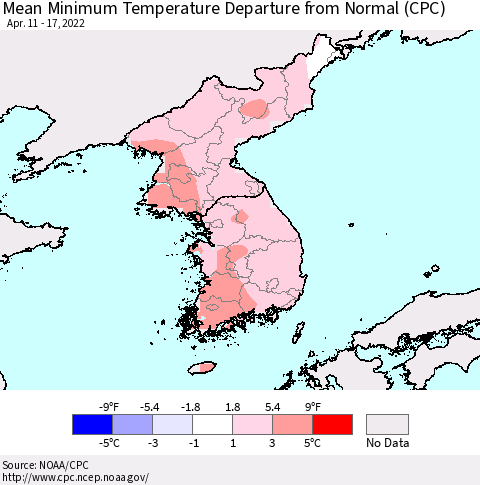 Korea Mean Minimum Temperature Departure from Normal (CPC) Thematic Map For 4/11/2022 - 4/17/2022
