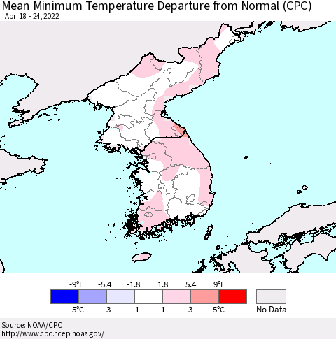 Korea Mean Minimum Temperature Departure from Normal (CPC) Thematic Map For 4/18/2022 - 4/24/2022