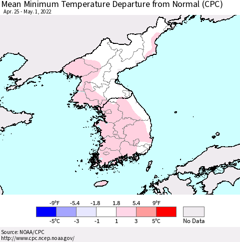 Korea Mean Minimum Temperature Departure from Normal (CPC) Thematic Map For 4/25/2022 - 5/1/2022