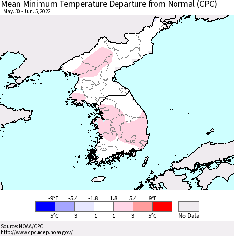 Korea Mean Minimum Temperature Departure from Normal (CPC) Thematic Map For 5/30/2022 - 6/5/2022