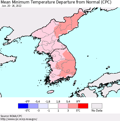 Korea Mean Minimum Temperature Departure from Normal (CPC) Thematic Map For 6/20/2022 - 6/26/2022