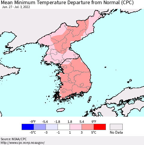 Korea Mean Minimum Temperature Departure from Normal (CPC) Thematic Map For 6/27/2022 - 7/3/2022