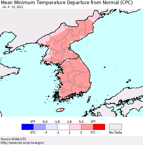 Korea Mean Minimum Temperature Departure from Normal (CPC) Thematic Map For 7/4/2022 - 7/10/2022