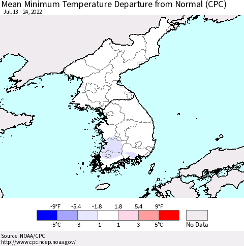 Korea Mean Minimum Temperature Departure from Normal (CPC) Thematic Map For 7/18/2022 - 7/24/2022