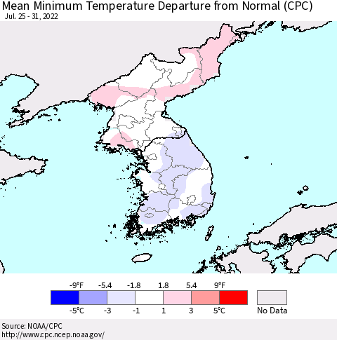 Korea Mean Minimum Temperature Departure from Normal (CPC) Thematic Map For 7/25/2022 - 7/31/2022