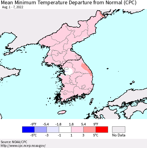 Korea Minimum Temperature Departure From Normal (CPC) Thematic Map For 8/1/2022 - 8/7/2022