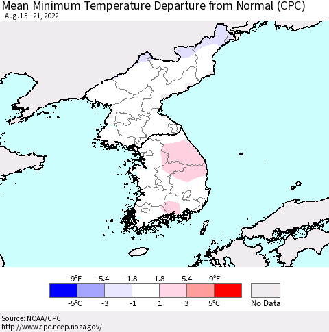 Korea Minimum Temperature Departure From Normal (CPC) Thematic Map For 8/15/2022 - 8/21/2022