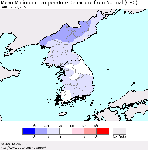 Korea Mean Minimum Temperature Departure from Normal (CPC) Thematic Map For 8/22/2022 - 8/28/2022
