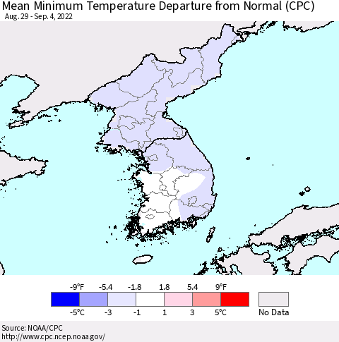 Korea Mean Minimum Temperature Departure from Normal (CPC) Thematic Map For 8/29/2022 - 9/4/2022