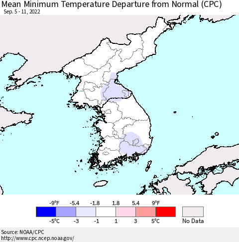 Korea Mean Minimum Temperature Departure from Normal (CPC) Thematic Map For 9/5/2022 - 9/11/2022