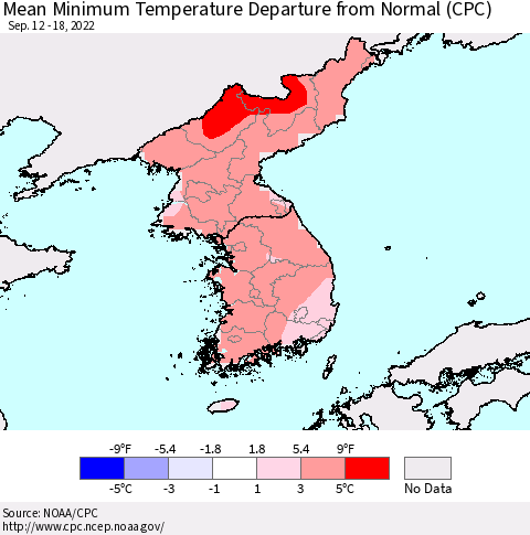 Korea Mean Minimum Temperature Departure from Normal (CPC) Thematic Map For 9/12/2022 - 9/18/2022