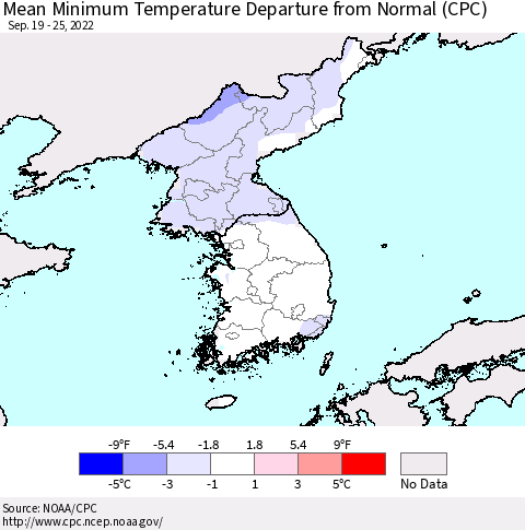 Korea Mean Minimum Temperature Departure from Normal (CPC) Thematic Map For 9/19/2022 - 9/25/2022