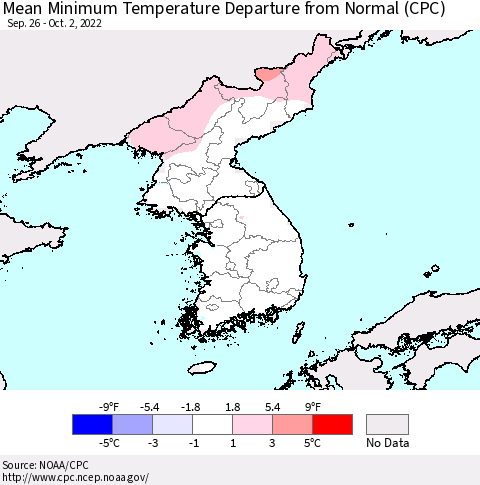 Korea Mean Minimum Temperature Departure from Normal (CPC) Thematic Map For 9/26/2022 - 10/2/2022