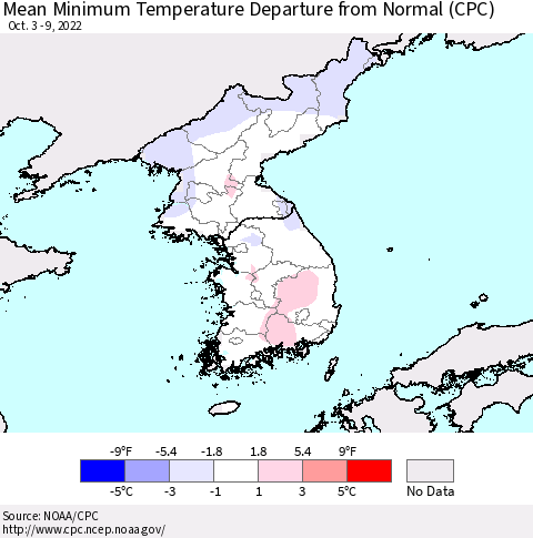 Korea Mean Minimum Temperature Departure from Normal (CPC) Thematic Map For 10/3/2022 - 10/9/2022