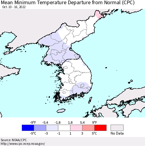 Korea Mean Minimum Temperature Departure from Normal (CPC) Thematic Map For 10/10/2022 - 10/16/2022