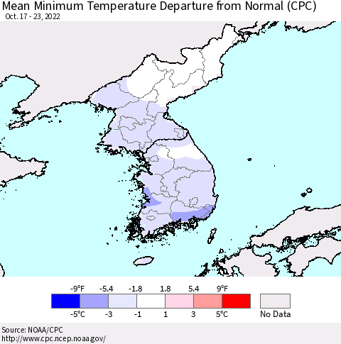 Korea Mean Minimum Temperature Departure from Normal (CPC) Thematic Map For 10/17/2022 - 10/23/2022