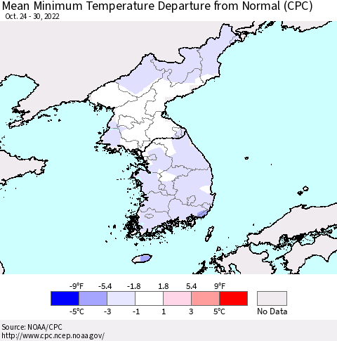 Korea Mean Minimum Temperature Departure from Normal (CPC) Thematic Map For 10/24/2022 - 10/30/2022