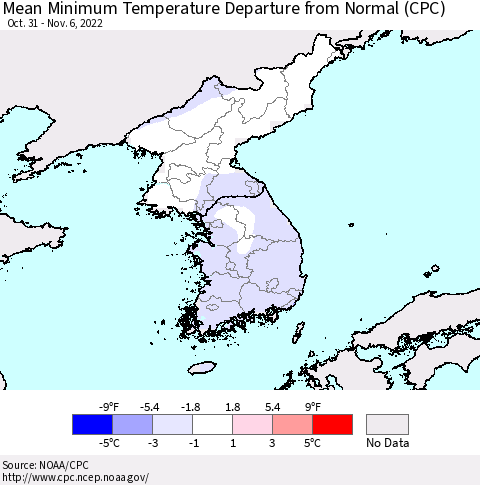 Korea Mean Minimum Temperature Departure from Normal (CPC) Thematic Map For 10/31/2022 - 11/6/2022