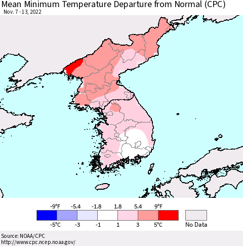 Korea Mean Minimum Temperature Departure from Normal (CPC) Thematic Map For 11/7/2022 - 11/13/2022