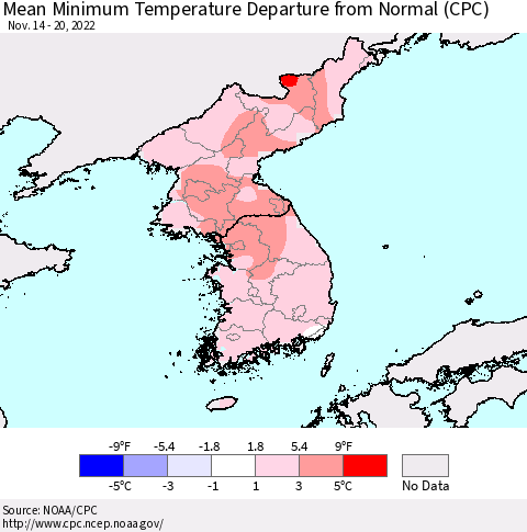 Korea Mean Minimum Temperature Departure from Normal (CPC) Thematic Map For 11/14/2022 - 11/20/2022