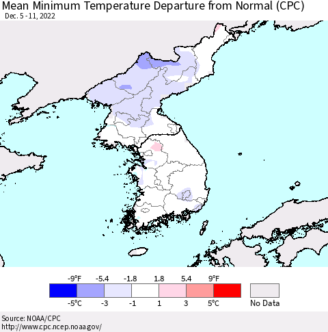 Korea Mean Minimum Temperature Departure from Normal (CPC) Thematic Map For 12/5/2022 - 12/11/2022