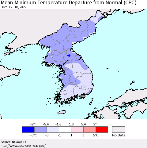 Korea Mean Minimum Temperature Departure from Normal (CPC) Thematic Map For 12/12/2022 - 12/18/2022