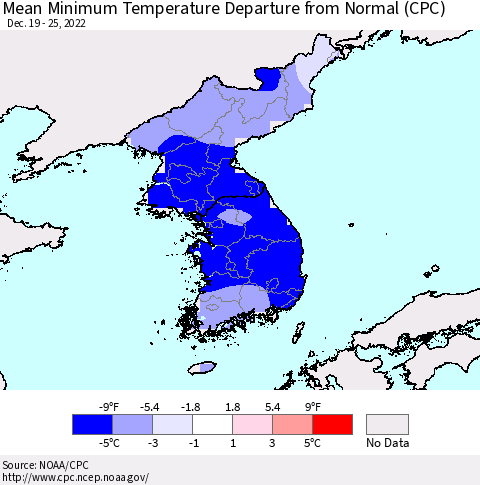 Korea Mean Minimum Temperature Departure from Normal (CPC) Thematic Map For 12/19/2022 - 12/25/2022