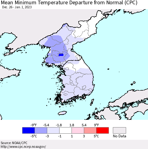 Korea Mean Minimum Temperature Departure from Normal (CPC) Thematic Map For 12/26/2022 - 1/1/2023