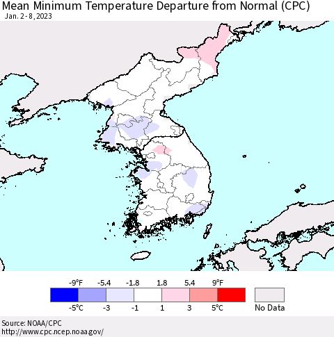 Korea Mean Minimum Temperature Departure from Normal (CPC) Thematic Map For 1/2/2023 - 1/8/2023