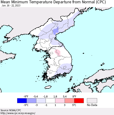 Korea Mean Minimum Temperature Departure from Normal (CPC) Thematic Map For 1/16/2023 - 1/22/2023