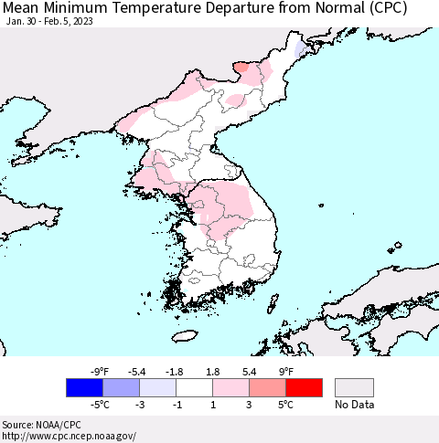 Korea Mean Minimum Temperature Departure from Normal (CPC) Thematic Map For 1/30/2023 - 2/5/2023