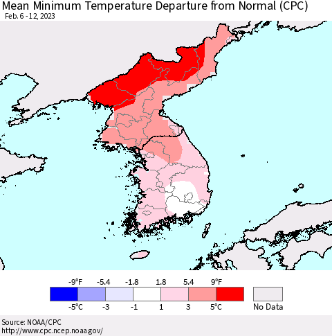 Korea Mean Minimum Temperature Departure from Normal (CPC) Thematic Map For 2/6/2023 - 2/12/2023