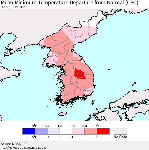 Korea Mean Minimum Temperature Departure from Normal (CPC) Thematic Map For 2/13/2023 - 2/19/2023