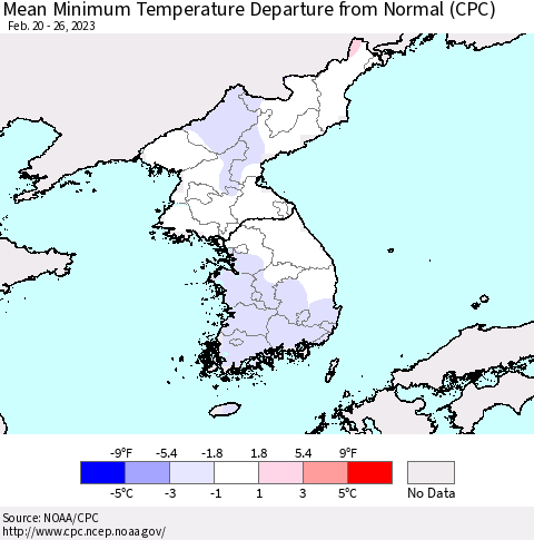 Korea Mean Minimum Temperature Departure from Normal (CPC) Thematic Map For 2/20/2023 - 2/26/2023