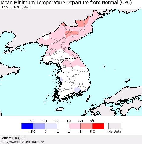 Korea Mean Minimum Temperature Departure from Normal (CPC) Thematic Map For 2/27/2023 - 3/5/2023