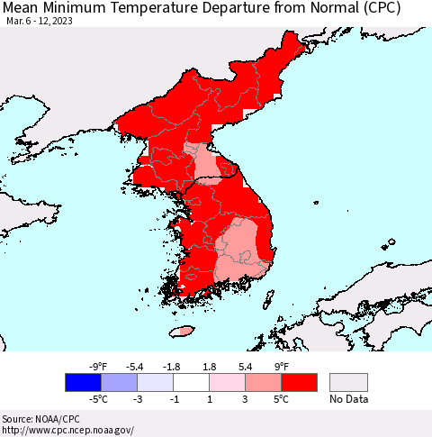 Korea Mean Minimum Temperature Departure from Normal (CPC) Thematic Map For 3/6/2023 - 3/12/2023