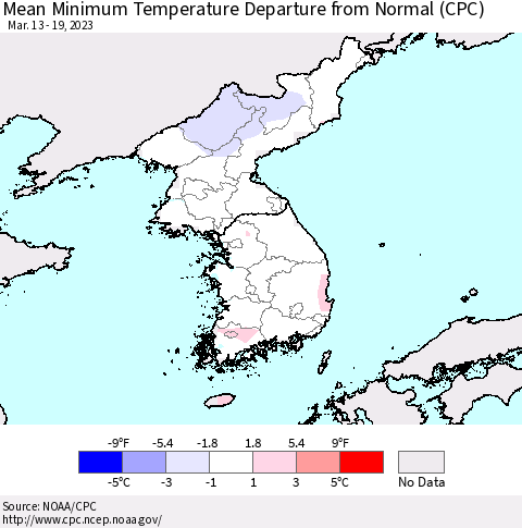 Korea Mean Minimum Temperature Departure from Normal (CPC) Thematic Map For 3/13/2023 - 3/19/2023