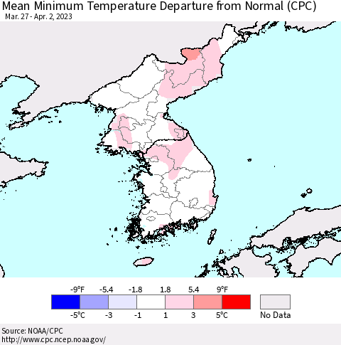 Korea Mean Minimum Temperature Departure from Normal (CPC) Thematic Map For 3/27/2023 - 4/2/2023