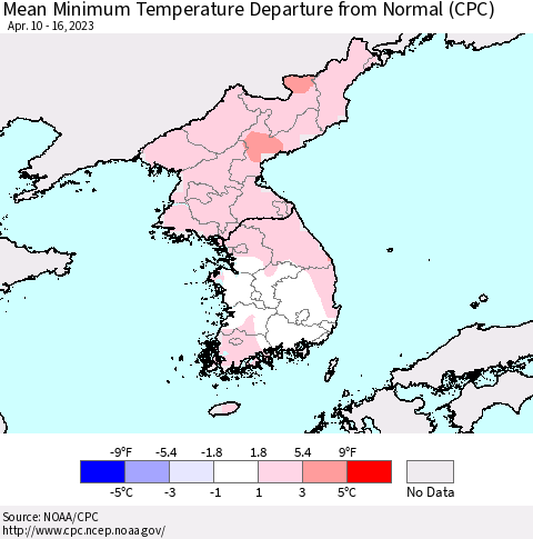 Korea Mean Minimum Temperature Departure from Normal (CPC) Thematic Map For 4/10/2023 - 4/16/2023