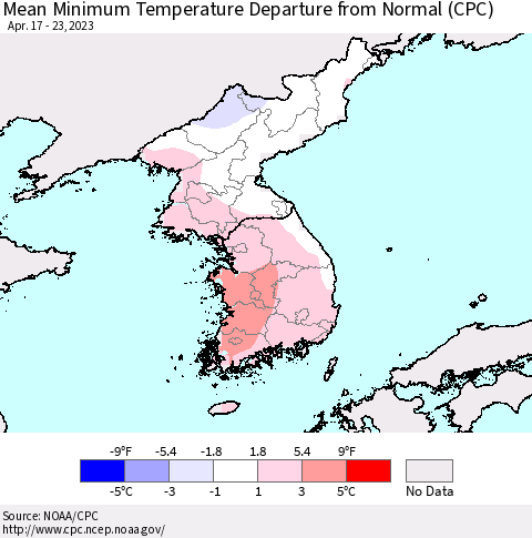 Korea Mean Minimum Temperature Departure from Normal (CPC) Thematic Map For 4/17/2023 - 4/23/2023