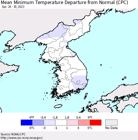 Korea Mean Minimum Temperature Departure from Normal (CPC) Thematic Map For 4/24/2023 - 4/30/2023