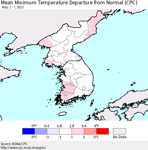 Korea Mean Minimum Temperature Departure from Normal (CPC) Thematic Map For 5/1/2023 - 5/7/2023