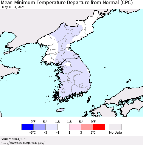 Korea Mean Minimum Temperature Departure from Normal (CPC) Thematic Map For 5/8/2023 - 5/14/2023