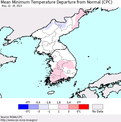 Korea Mean Minimum Temperature Departure from Normal (CPC) Thematic Map For 5/22/2023 - 5/28/2023