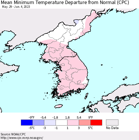 Korea Mean Minimum Temperature Departure from Normal (CPC) Thematic Map For 5/29/2023 - 6/4/2023
