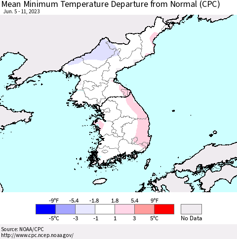 Korea Mean Minimum Temperature Departure from Normal (CPC) Thematic Map For 6/5/2023 - 6/11/2023