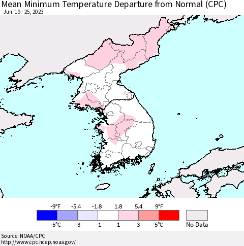 Korea Mean Minimum Temperature Departure from Normal (CPC) Thematic Map For 6/19/2023 - 6/25/2023