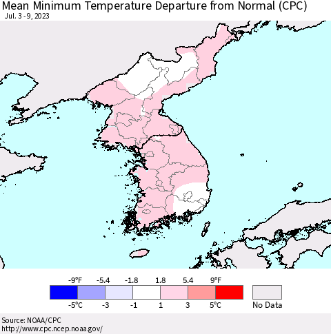 Korea Mean Minimum Temperature Departure from Normal (CPC) Thematic Map For 7/3/2023 - 7/9/2023