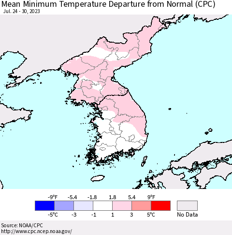 Korea Mean Minimum Temperature Departure from Normal (CPC) Thematic Map For 7/24/2023 - 7/30/2023